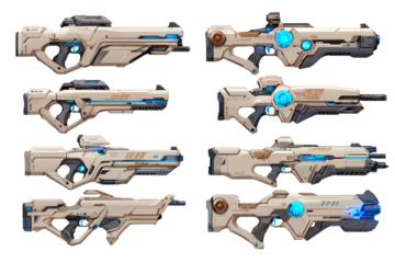 A set of futuristic rifles, with blue lights, on a Transparent background PNG