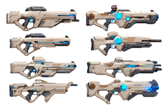 A set of futuristic rifles, with blue lights, on a Transparent background PNG