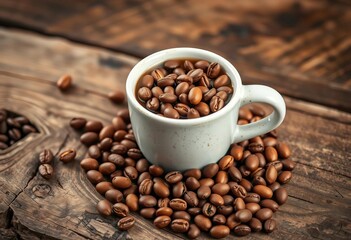 Fototapeta premium Rustic coffee cup brimming with beans, nestled on aged wood, wood, background