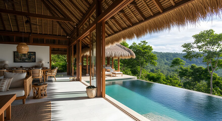 Luxury Villa with Turquoise Pool and Thatched Roof Overlooking Lush Green Forest