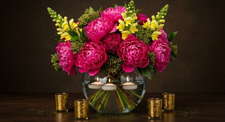 50th birthday floral centerpiece featuring an explosion of fuchsia peonies,golden yellow snapdragons and emerald green foliage,presented in a large glass bowl filled with floating candles