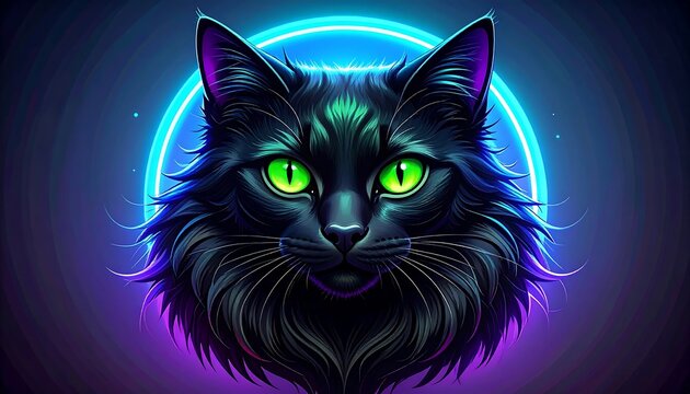 Close-up portrait of a black cat with vibrant neon glow