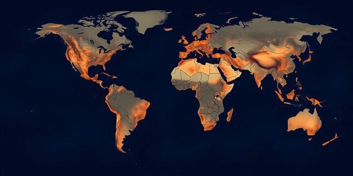 Seamless night Earth map pattern; flat illustration style, continents connected, globe, atlas