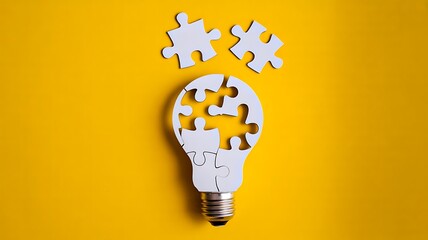 Creative light bulb with puzzle pieces on yellow background symbolizing innovation and solution  
