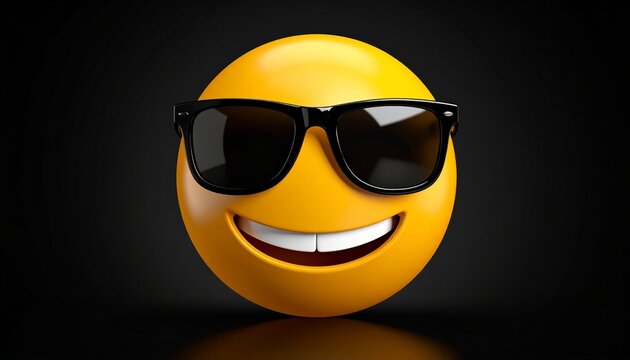 Yellow smiley face emoji with wide toothy grin and black sunglasses, set against dark background. Radiates coolness, confidence, and laid-back digital style with bold simplicity. - Powered by Adobe