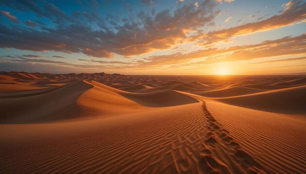 Golden desert sunset casts long shadows over endless rippling sand dunes with a single path of footprints