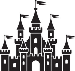 Obraz premium Majestic fantasy castle silhouette with flags atop towers