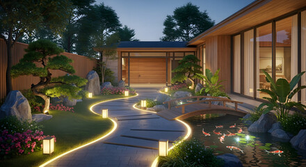 Obraz premium Japanese Garden Path with Koi Pond and Soft Evening Lighting