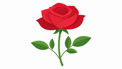 Naklejka premium Firefly_Flat vector illustration of a single red rose bloom with green stem and leaves, isolated on white.