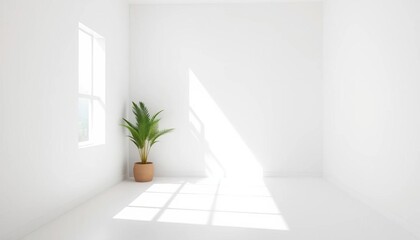 Fototapeta premium Sunlit white studio corner, minimalist backdrop, blank, space