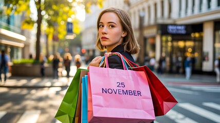 Young woman shopping with colorful bags on black friday 25 november sale in city street  
