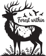 Majestic deer silhouette with forest and birds inside