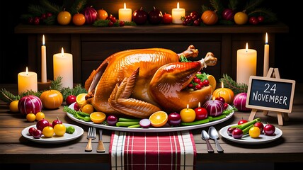 Roasted thanksgiving turkey dinner with fruits vegetables and candles on festive table 24 november celebration  
