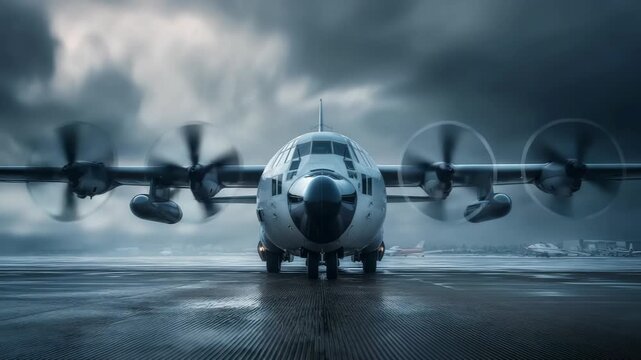 Military Transport Aircraft C-130 Hercules Prepares for Takeoff on a Rainy Runway