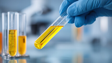 Person's hand in blue gloves holding and flowing yellow liquid from one test tube to another, set against the backdrop of advanced scientific equipment.
