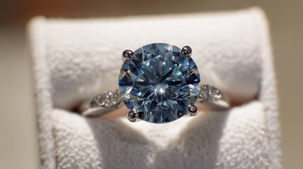 Blue diamond ring, elegantly displayed on its white velvet stand. The background is softly blurred