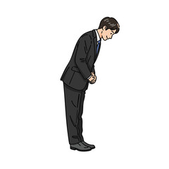 Illustration of a Japanese businessman in a suit bowing respectfully, a concept of apology, greeting, or gratitude in business etiquette.