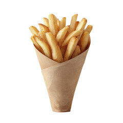 Crispy French fries in a brown paper cone