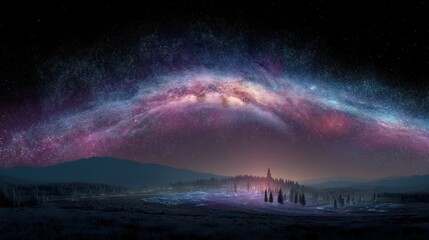 A stunning night sky showcases a vibrant Milky Way arching over a serene landscape, creating an awe-inspiring cosmic view, the US State Flag