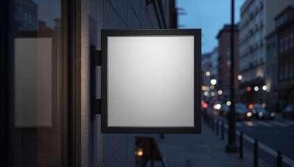Fototapeta premium Blank square outdoor business sign mounted on a city building wall at night