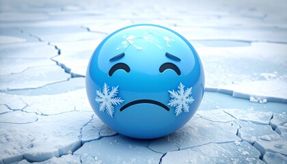 Cracked globe made of icy glass reveals cheerful yellow smiling face beneath. Set on fractured frozen surface, symbolizing resilience, warmth, and optimism in a cold world.