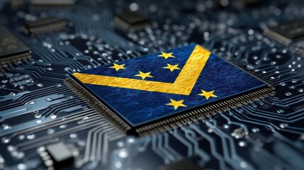 A close-up of a microchip featuring a stylized flag design, highlighting a vibrant blue background with yellow stars and a distinctive pattern, the US State Flag