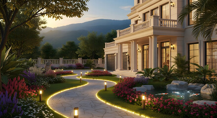 Luxury Home Garden with Stone Path and Sunset Light
