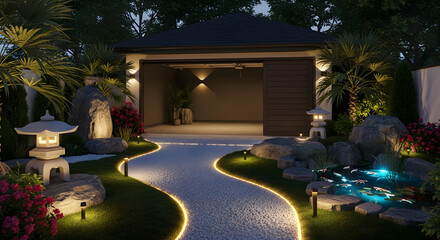 Elegant Garden Pathway with Stone Lanterns and Tranquil Koi Pond at Dusk
