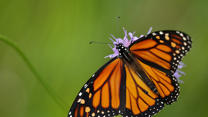 Fototapeta premium Monarch butterfly feeding on a pink milkweed flower in a meadow