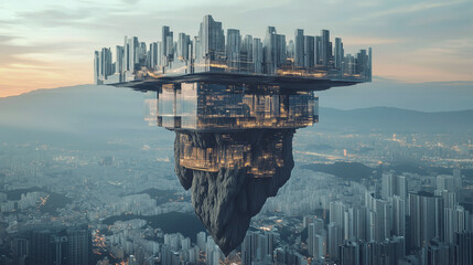 Surreal skyscrapers resembling an inverted mountain, with jagged peaks at the base and glass floors, soaring above the city. Otherworldly design.