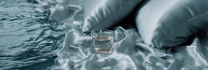 Relaxing Water Setting With Glass and Elegant Pillows on Soft Fabric During Tranquil Indoor Moment