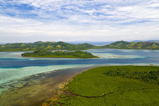 Scenic aerial panorama aerial drone picture of Siargao island with East Bucas Island and Bancuyo Island, Dapa, Surigao den Norte, Mindanao, Philippines