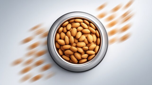 Almond nut bowl with motion blur effect showing almonds falling, healthy snack concept with natural brown nuts in round metal container on white background
