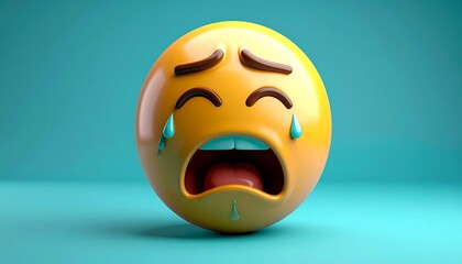 Yellow-orange spherical emoji with anguished face, furrowed brows, open mouth, and tear drop. Casts shadow on teal surface, creating vibrant contrast and emotional visual depth.
