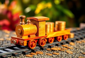 Wooden toy train carrying gold coins on tracks,  wooden railway,  tracks
