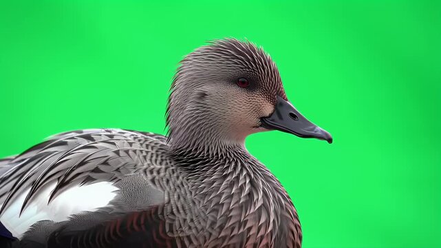 Close-up Portrait of a Beautiful Wild Duck with Intricate Feather Detail Isolated on a Bright Green Screen Background, Perfect for Chroma Key Compo...