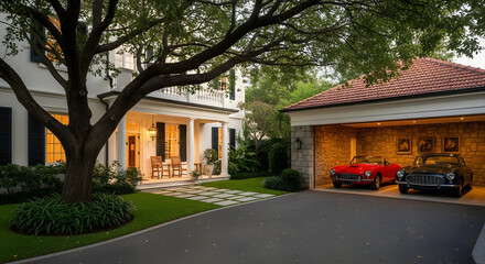 Elegant White House with Classic Cars and Stone Garage at Dusk
