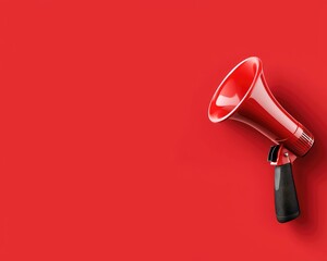 A vibrant red megaphone casts a shadow on a matching red background, positioned diagonally. 