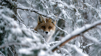 Obraz premium A curious fox peering through snow-covered branches in a winter forest (1)