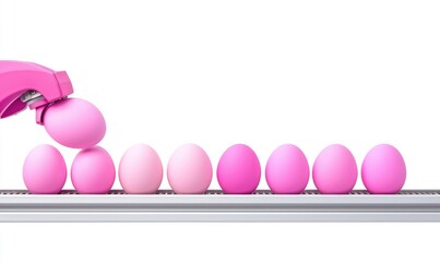 A pink robotic arm places a pink egg onto a conveyor belt holding a gradient of pink eggs, all against a white background