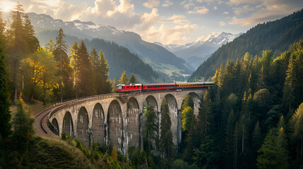 Iconic red train crosses stunning mountain viaduct at golden hour