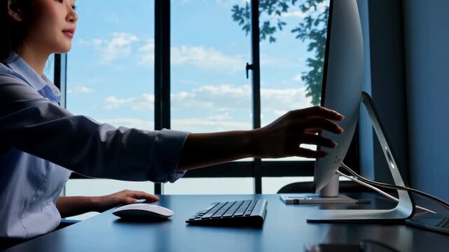 Blue sky and white clouds are reflected in the floor-to-ceiling windows. A wireless mouse and Bluetooth keyboard are placed on the desk. A female employee adjusts the screen brightness.