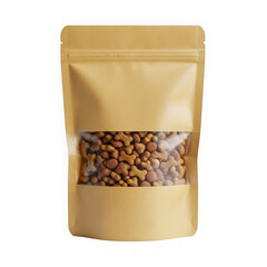 Brown kraft paper standup pouch with a clear window filled with dry dog or cat food kibble, isolated on transparent background