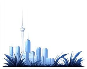 Obraz premium Stylized city skyline with tall spire and several blue buildings peeking from behind dark foliage, set against a crisp white background, creating a peaceful urban scene