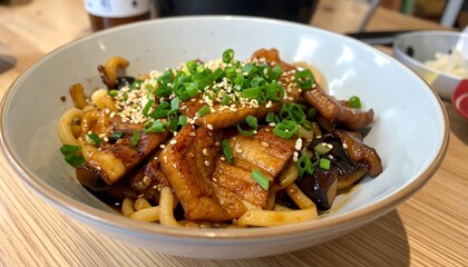 udon noodles with seafood and vegetables cooked in a wok 