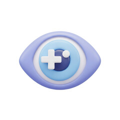 Obraz premium Stylized 3D purple eye icon with a blue iris and a white plus sign symbol.