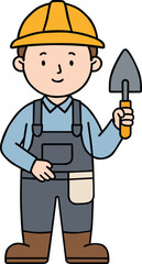 Construction worker wearing helmet and uniform holding trowel tool for building, labor day concept, handyman character, masonry job, safety equipment and construction industry occupation icon