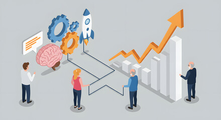 Isometric Business Growth with Brain Power, Gears, Rocket Launch, and Collaborative Teamwork Leading to Upward Trending Bar Chart and Arrow