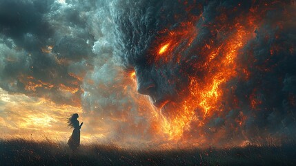 Fototapeta premium Ethereal Encounter Between a Figure and a Fiery Cloud Personification