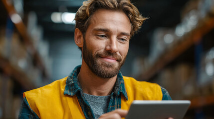 Focused Warehouse Worker: A skilled warehouse worker, clad in a safety vest, meticulously reviews digital data on a tablet, reflecting efficiency and precision in his duties.